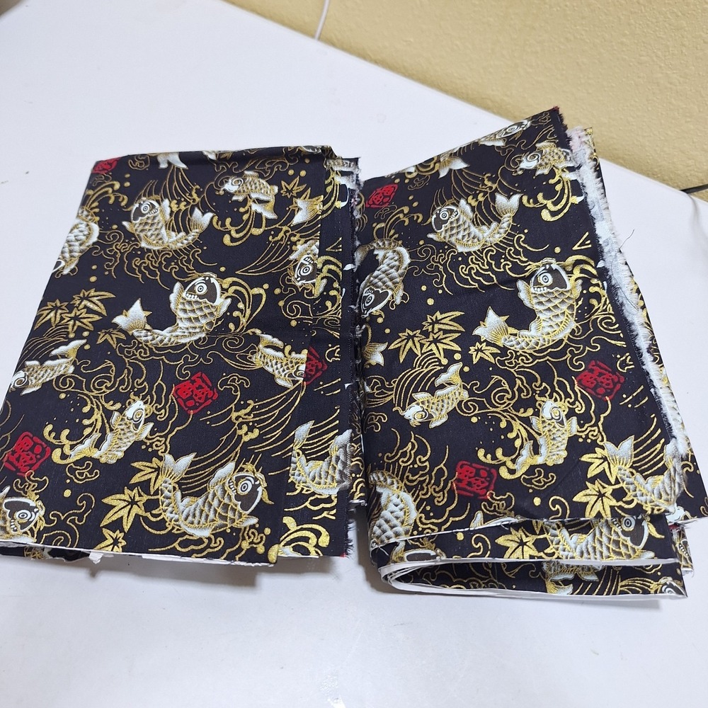 Black Gold Koi Fish Adhesive Fabric Lot 2 Fusible Iron-On Craft Pieces 29x14.5